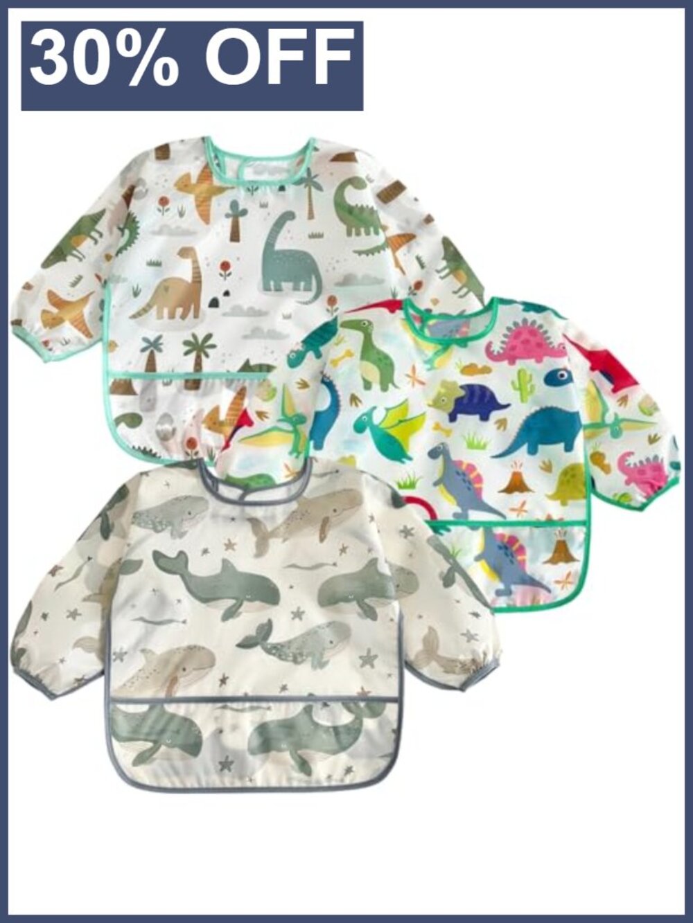 Waterproof Long Sleeve Baby Bibs 3-Pack Toddler Smock with Elastic Cuffs &